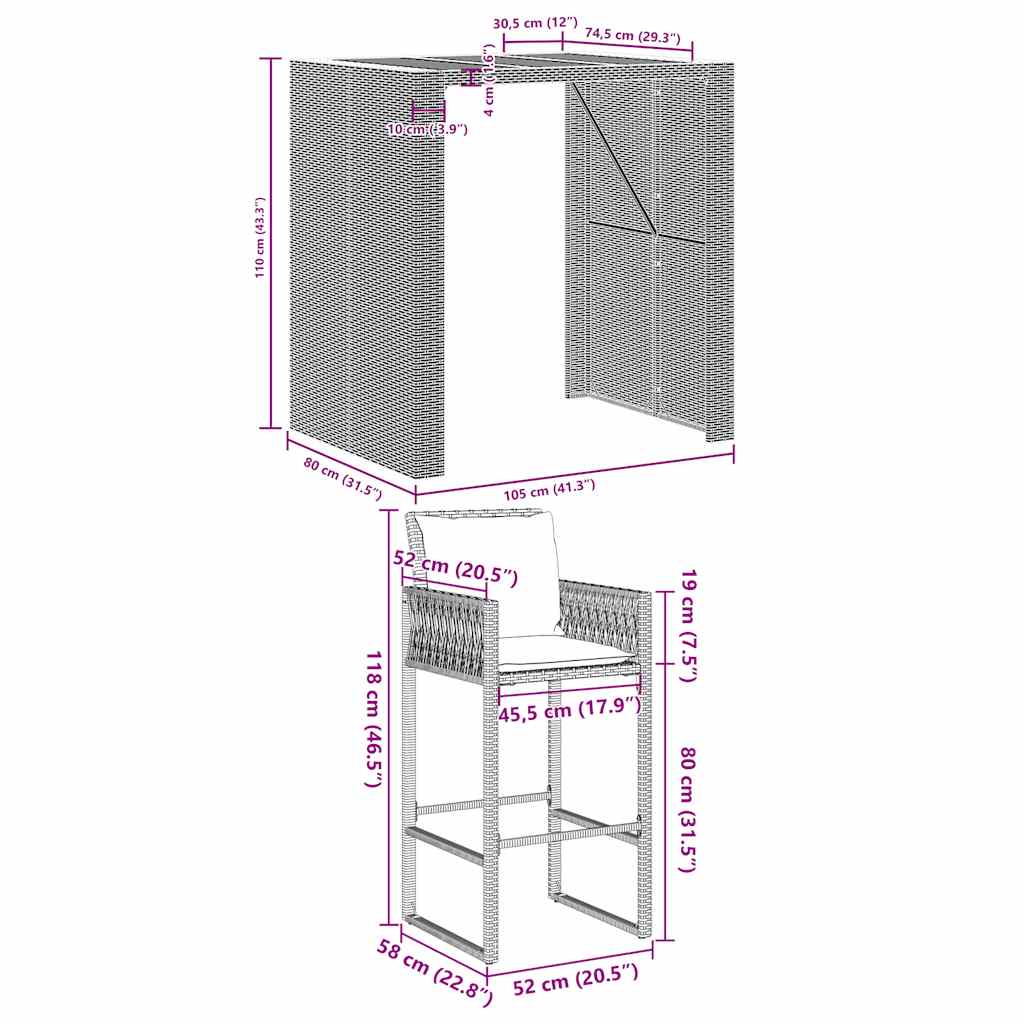 5-tlg. Gartenbar-Set mit Kissen Schwarz Poly Rattan Akazie