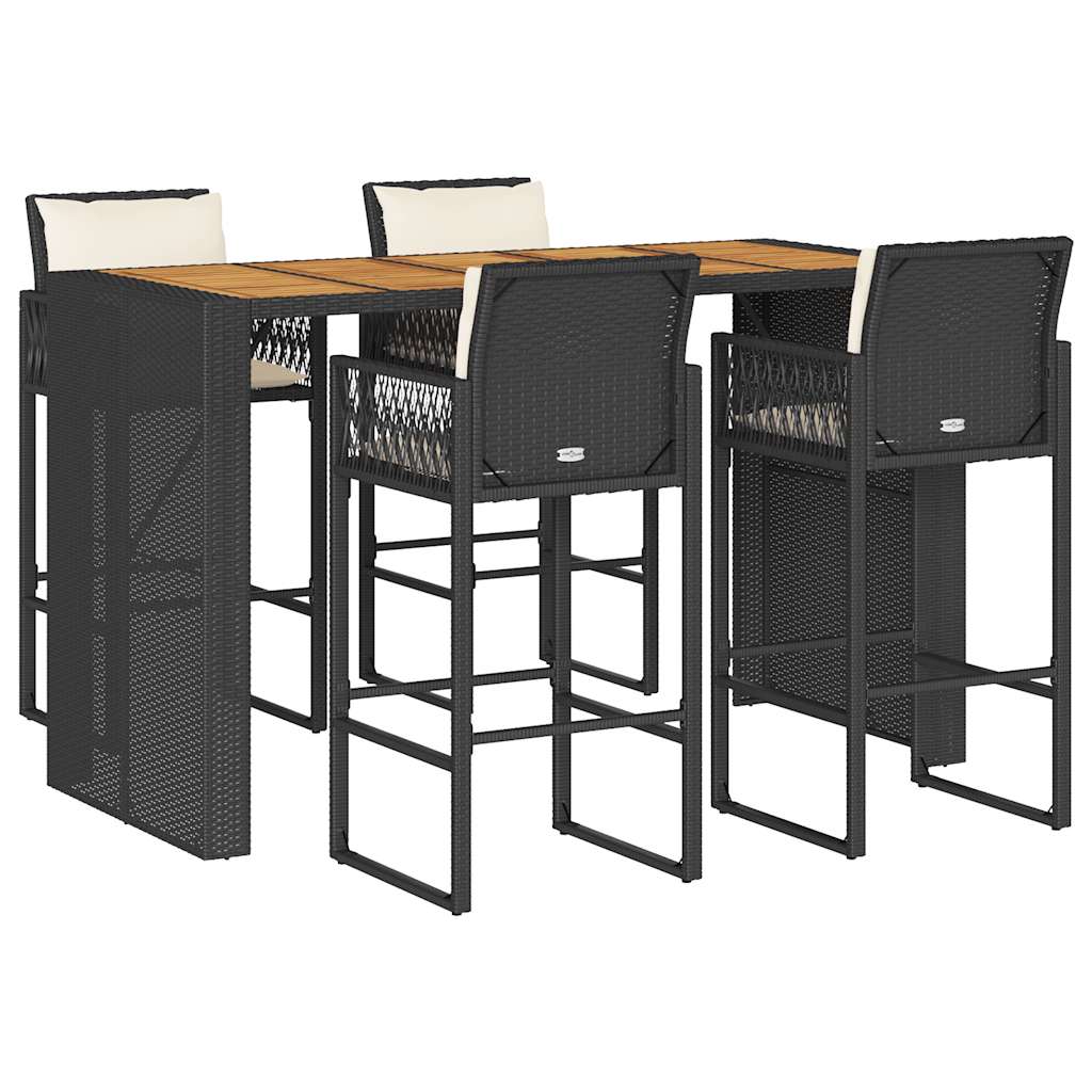 5-tlg. Gartenbar-Set mit Kissen Schwarz Poly Rattan Akazie