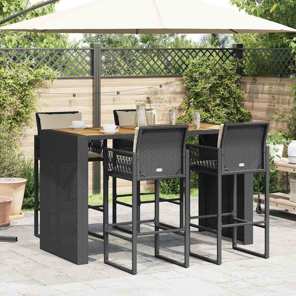 5-tlg. Gartenbar-Set mit Kissen Schwarz Poly Rattan Akazie