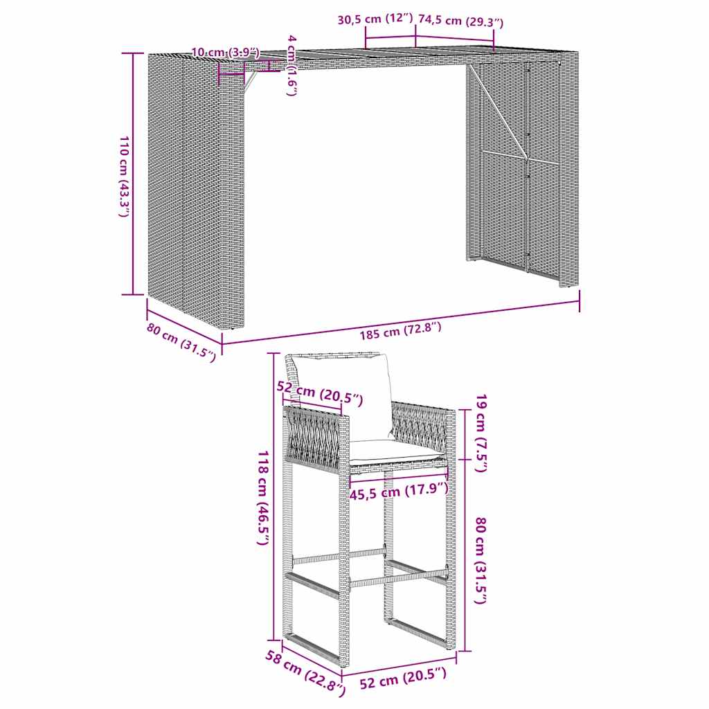 5-tlg. Gartenbar-Set mit Kissen Schwarz Poly Rattan Akazie