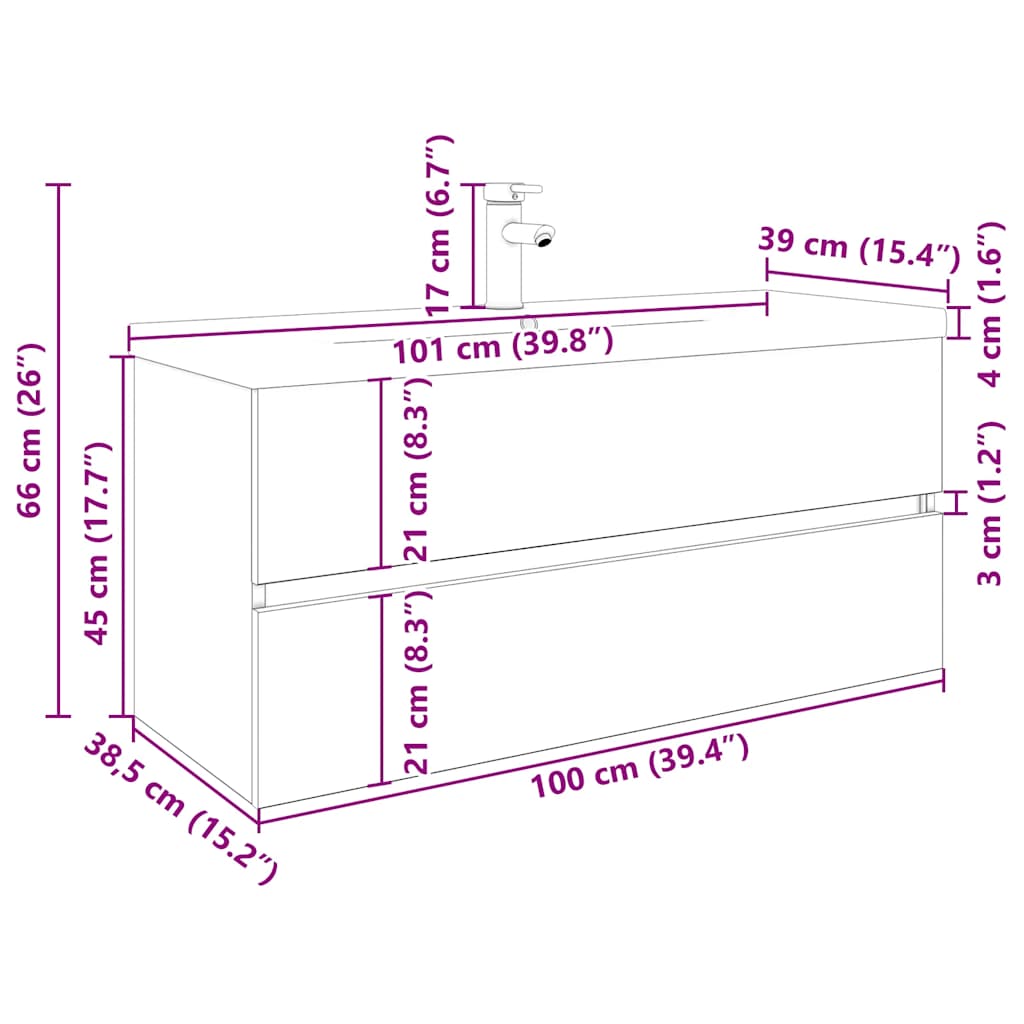 Vanity unit with built-in basin and faucet