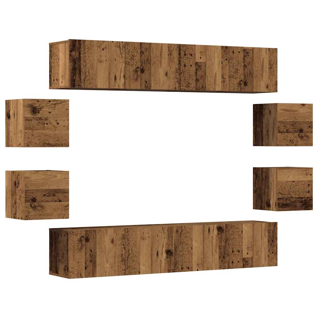 8-piece TV cabinet set, wall-mounted, reclaimed wood look, wood-based material