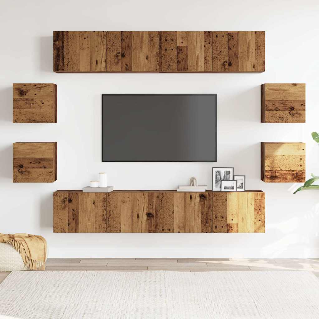 8-piece TV cabinet set, wall-mounted, reclaimed wood look, wood-based material