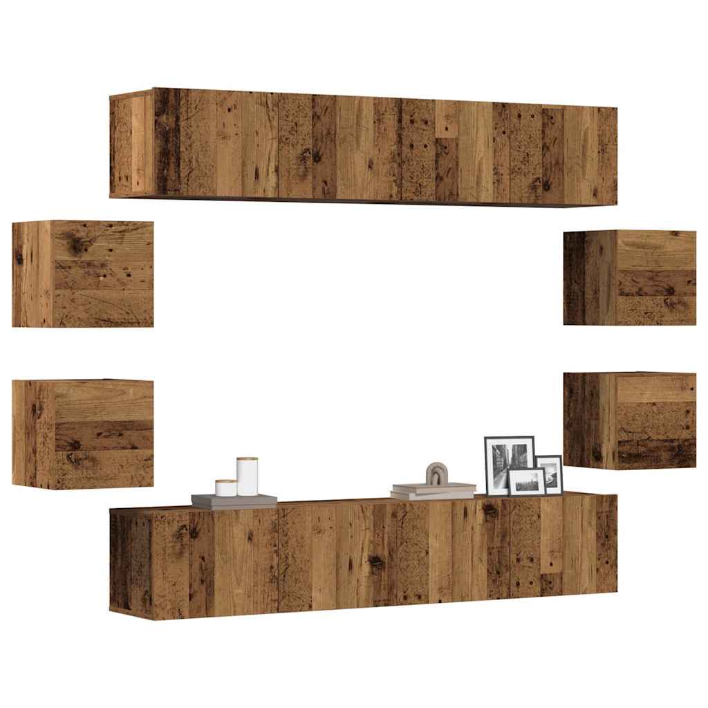 8-piece TV cabinet set, wall-mounted, reclaimed wood look, wood-based material