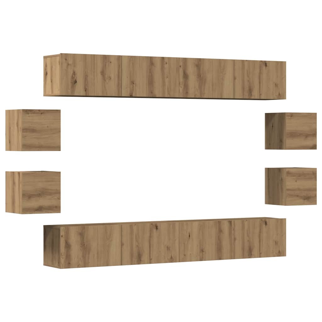 Ensemble de meubles TV 8 pièces, fixation murale, en bois de chêne artisanal