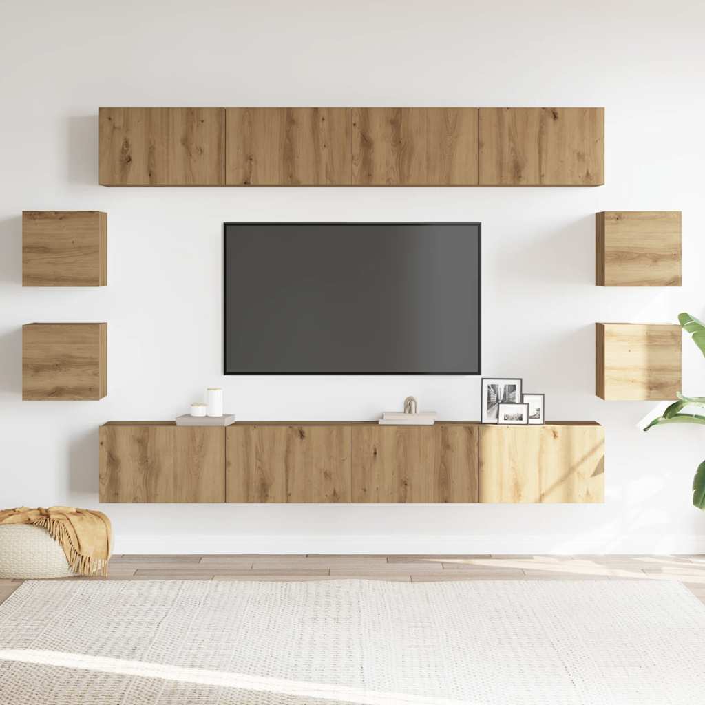 Ensemble de meubles TV 8 pièces, fixation murale, en bois de chêne artisanal