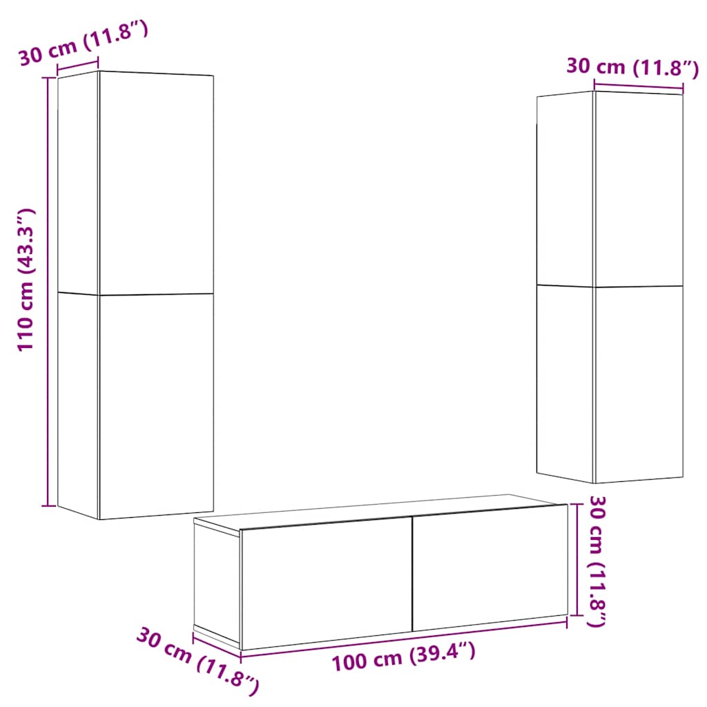 TV wall cabinets 3 pcs. Old wood look wood material