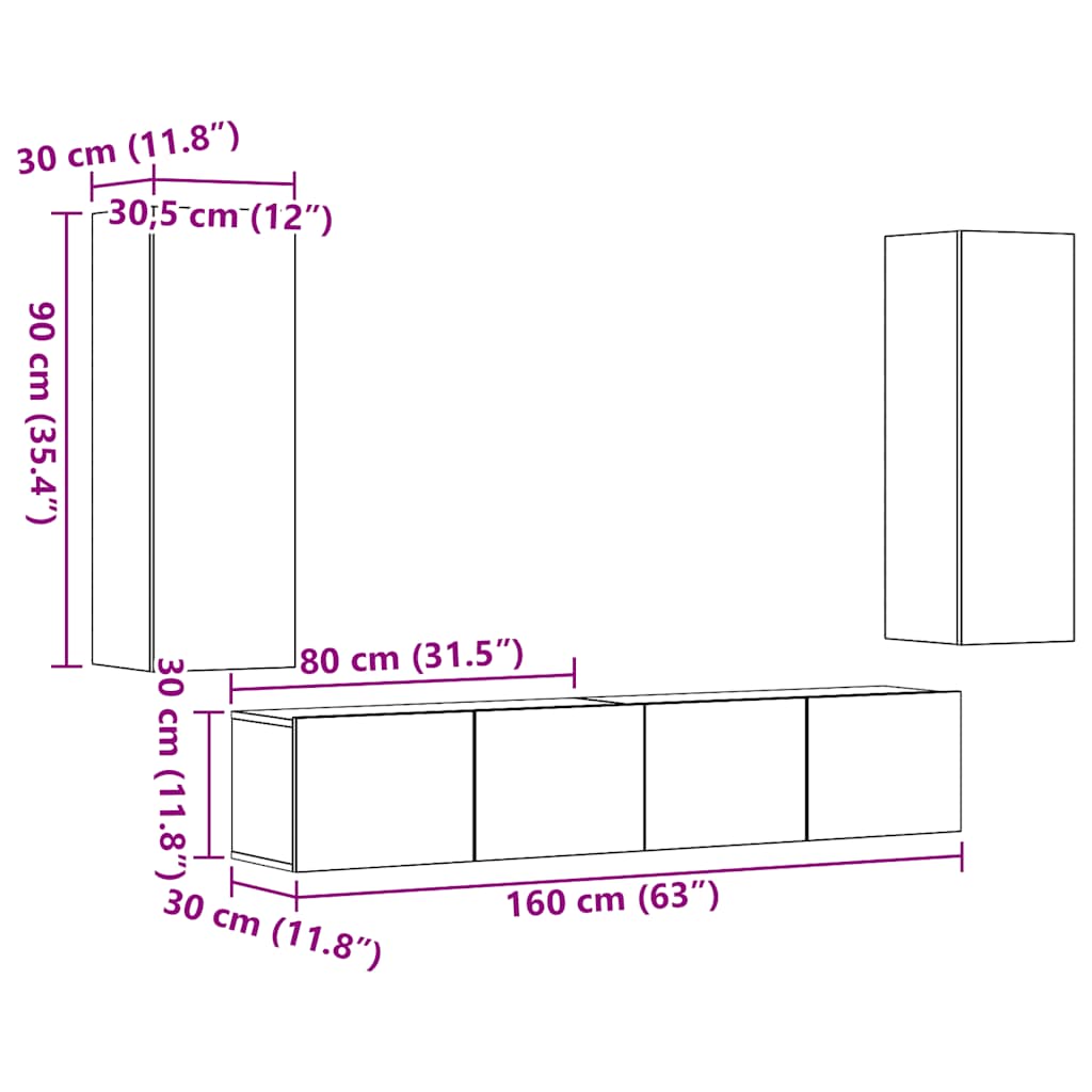 TV wall cabinets 4 pcs. Old wood look wood material