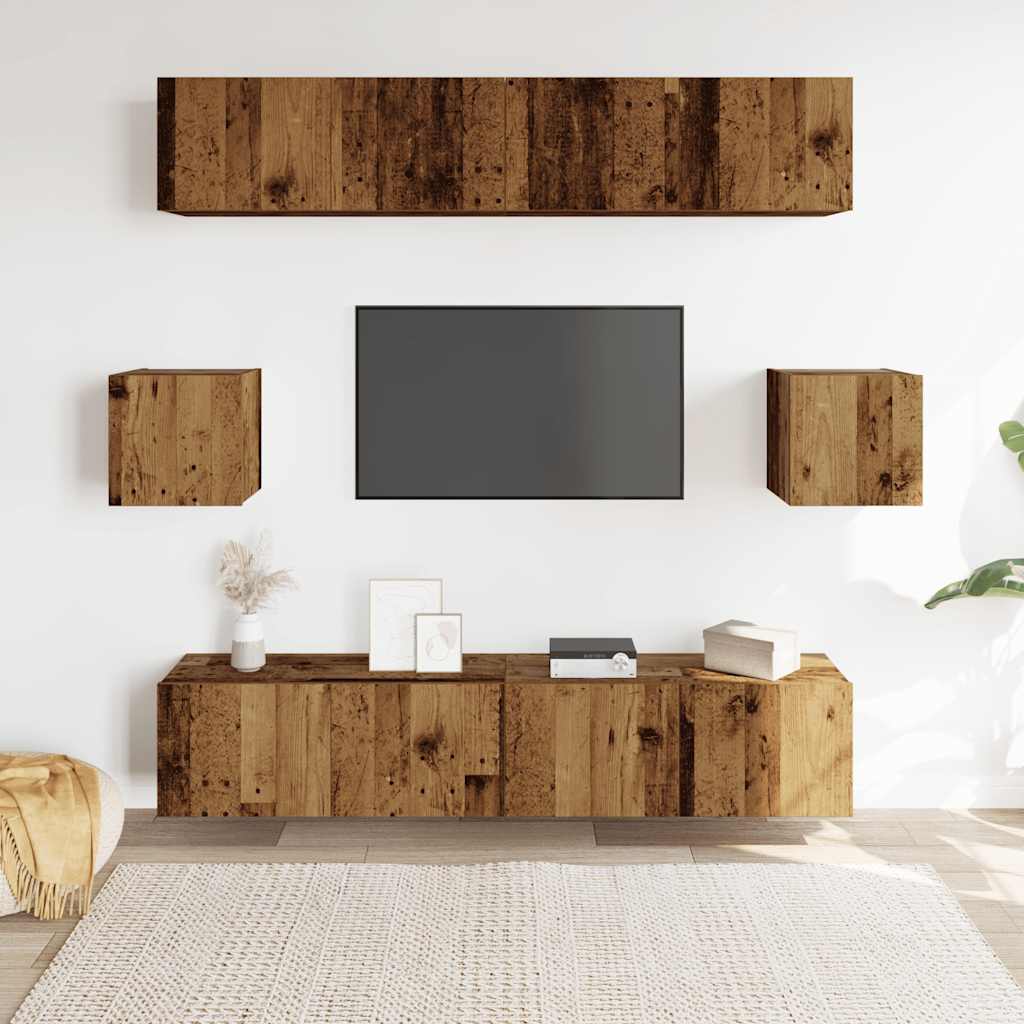 Ensemble de meubles TV 6 pièces, fixation murale, aspect bois récupéré, matériau à base de bois