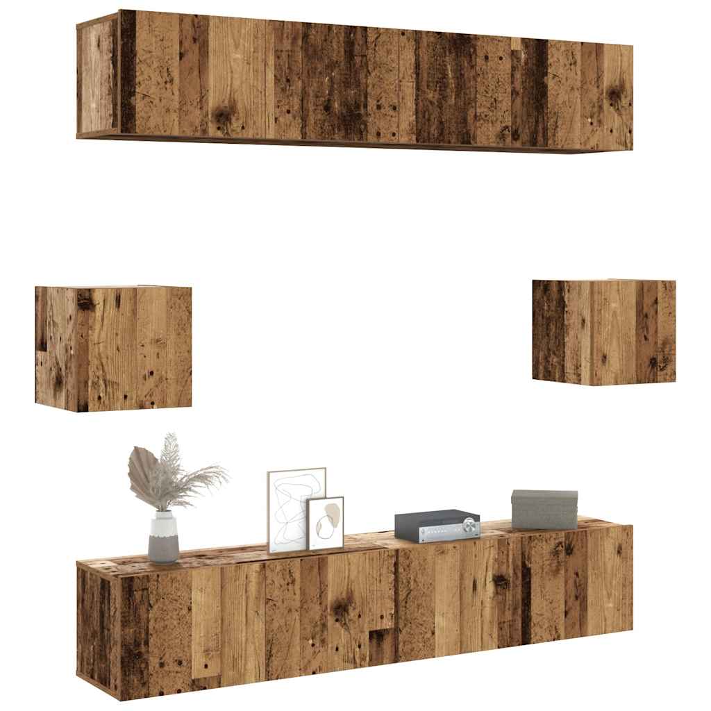 Ensemble de meubles TV 6 pièces, fixation murale, aspect bois récupéré, matériau à base de bois
