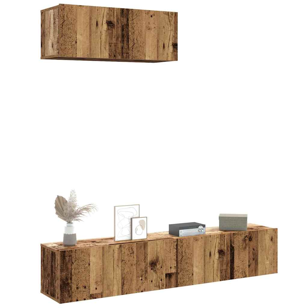 Ensemble de meubles TV 3 pièces, fixation murale, aspect bois récupéré, matériau à base de bois