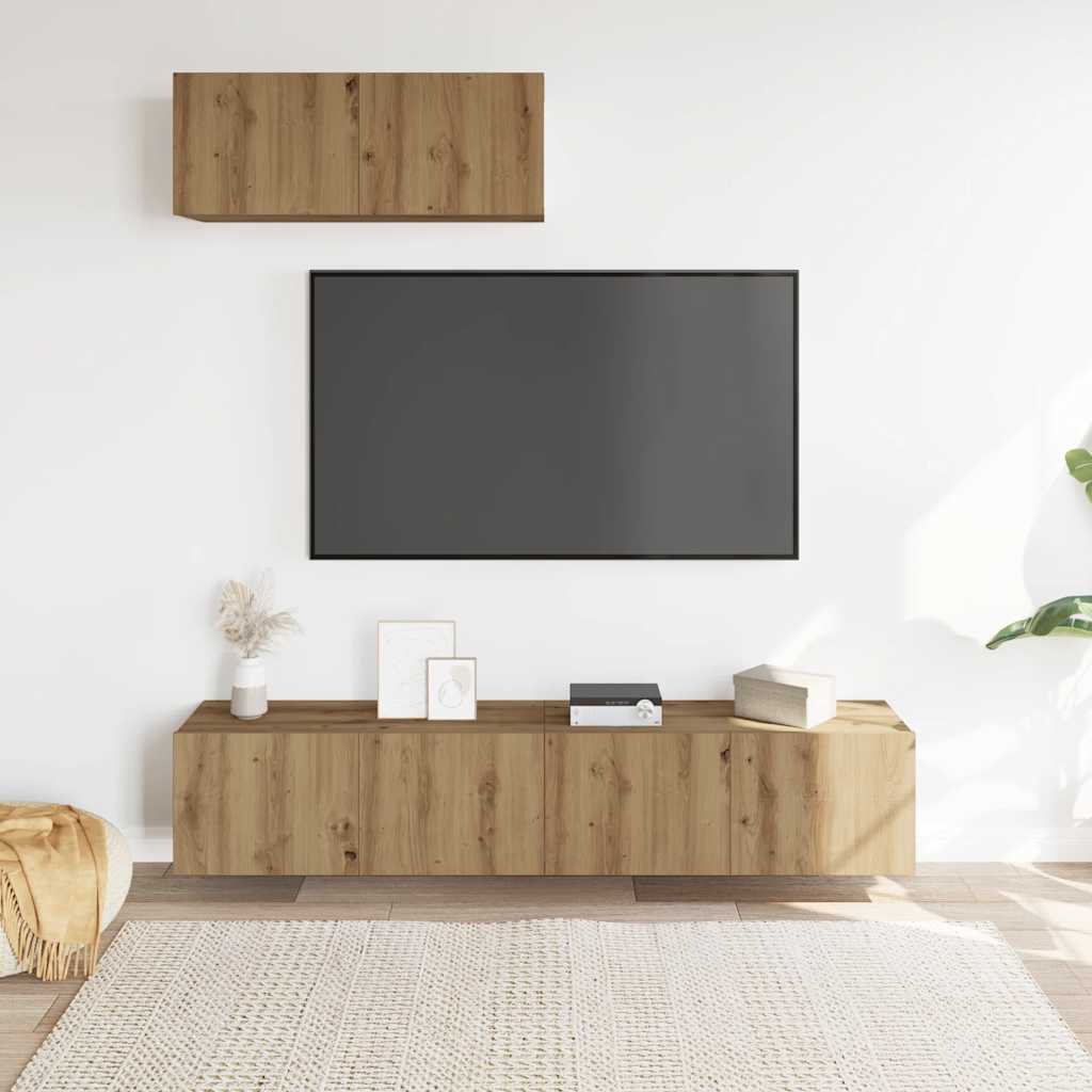 Ensemble de meubles TV 3 pièces, fixation murale, en bois de chêne artisanal
