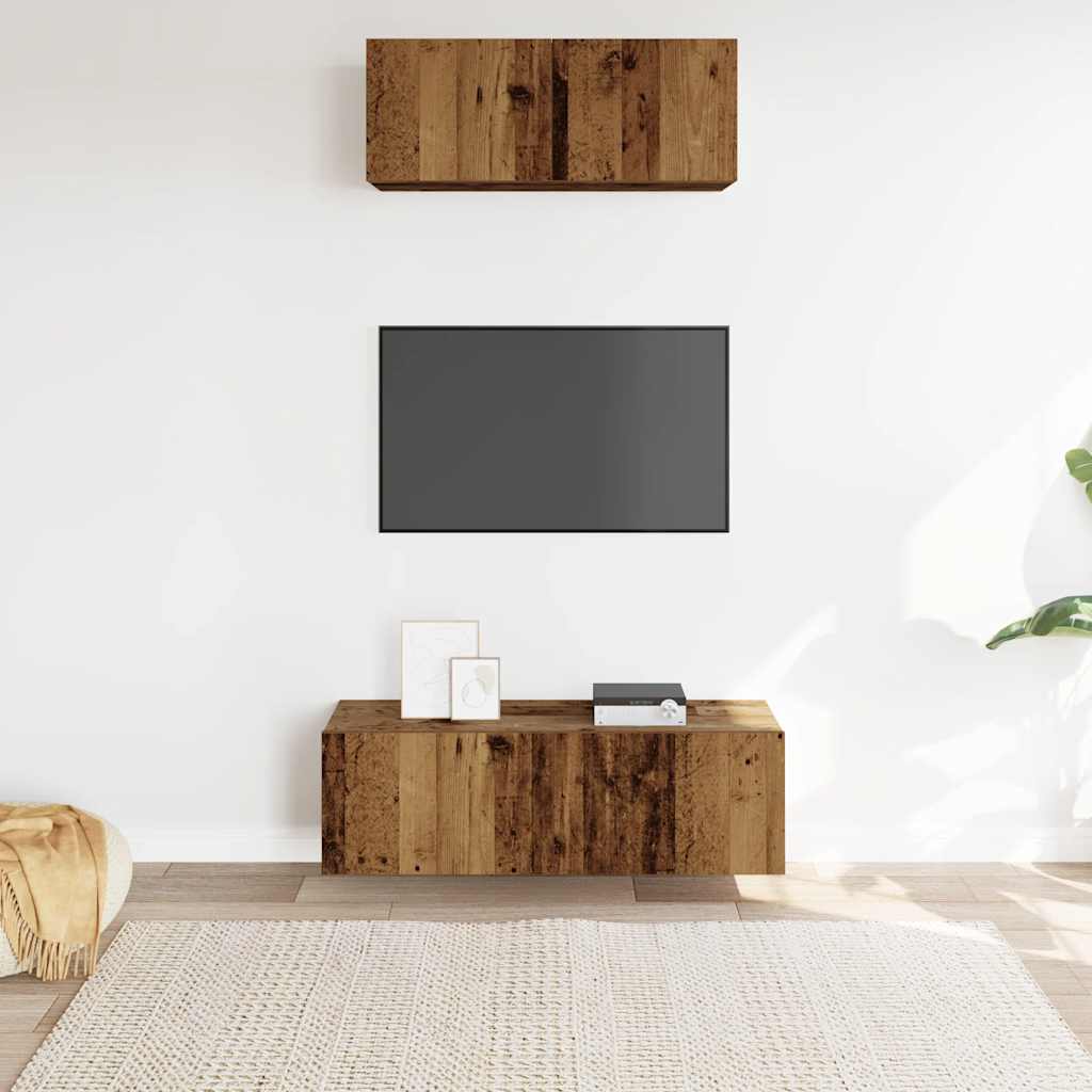 Ensemble de meubles TV 2 pièces, fixation murale, aspect bois récupéré, matériau à base de bois
