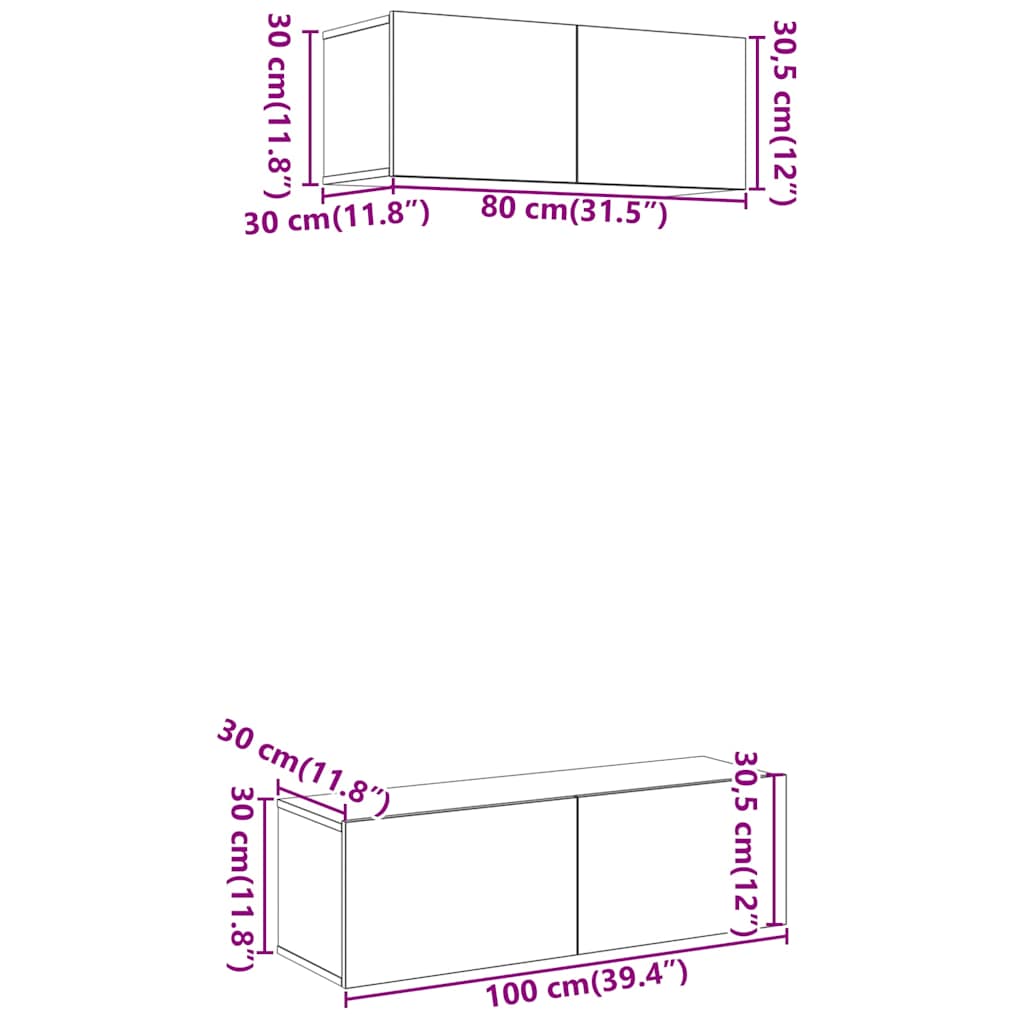 Ensemble de meubles TV 2 pièces, fixation murale, aspect bois récupéré, matériau à base de bois