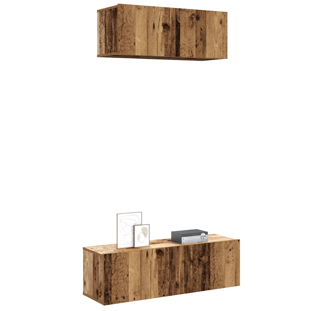 Ensemble de meubles TV 2 pièces, fixation murale, aspect bois récupéré, matériau à base de bois
