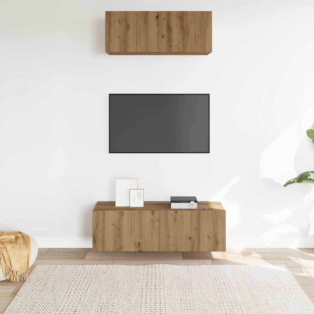 Ensemble de meubles TV 2 pièces, fixation murale, en bois de chêne artisanal