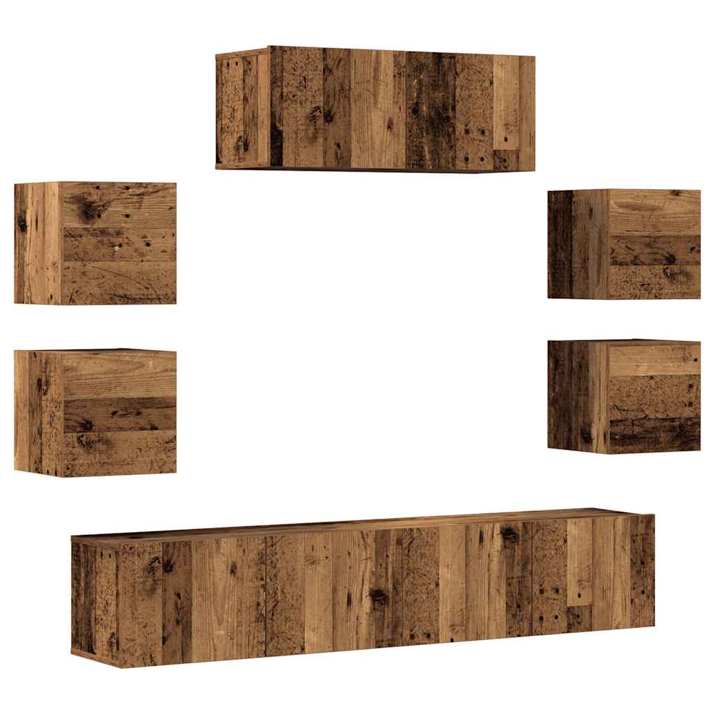 Ensemble de meubles TV 7 pièces, fixation murale, aspect bois récupéré, matériau à base de bois