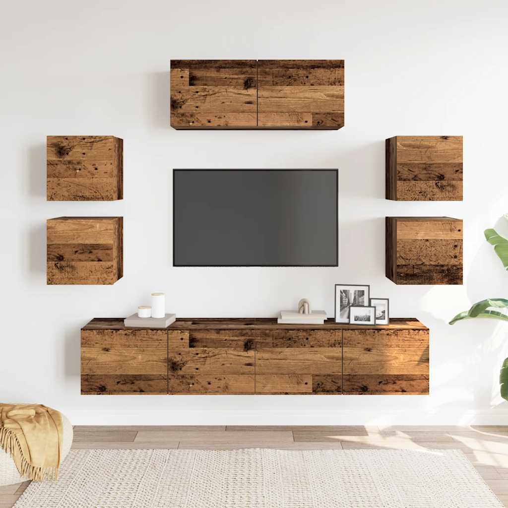 Ensemble de meubles TV 7 pièces, fixation murale, aspect bois récupéré, matériau à base de bois