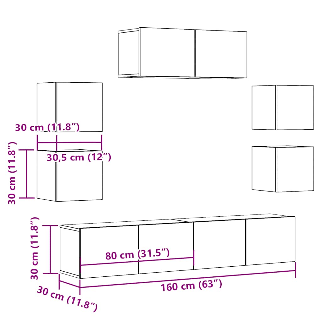 Ensemble de meubles TV 7 pièces, fixation murale, aspect bois récupéré, matériau à base de bois