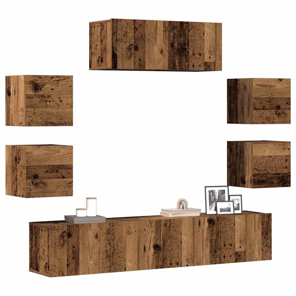 Ensemble de meubles TV 7 pièces, fixation murale, aspect bois récupéré, matériau à base de bois