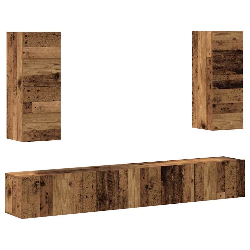 Ensemble de meubles TV 4 pièces, fixation murale, aspect bois récupéré, matériau à base de bois