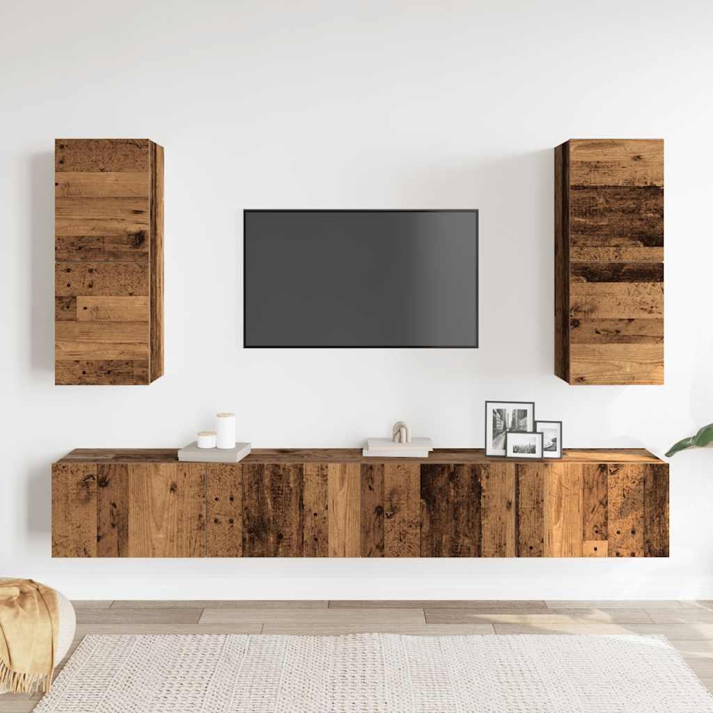 Ensemble de meubles TV 4 pièces, fixation murale, aspect bois récupéré, matériau à base de bois