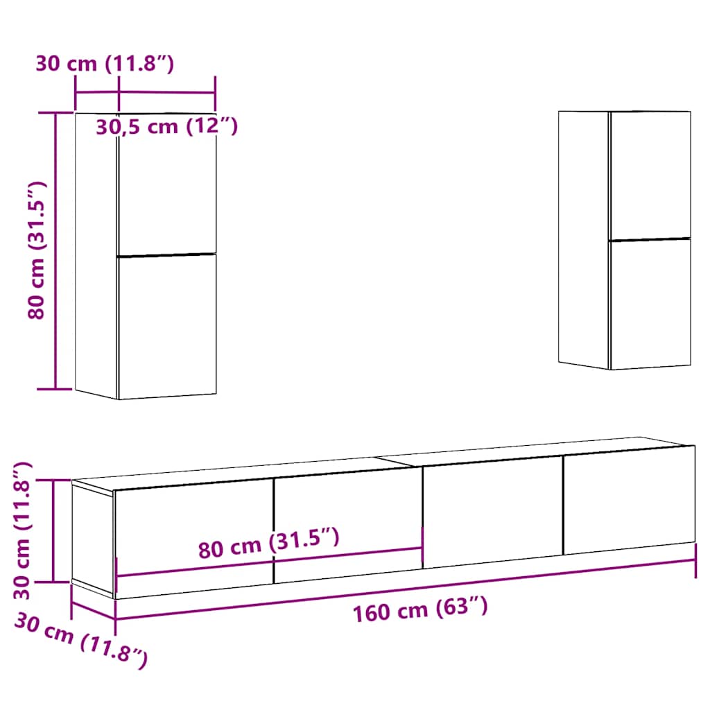 Ensemble de meubles TV 4 pièces, fixation murale, aspect bois récupéré, matériau à base de bois