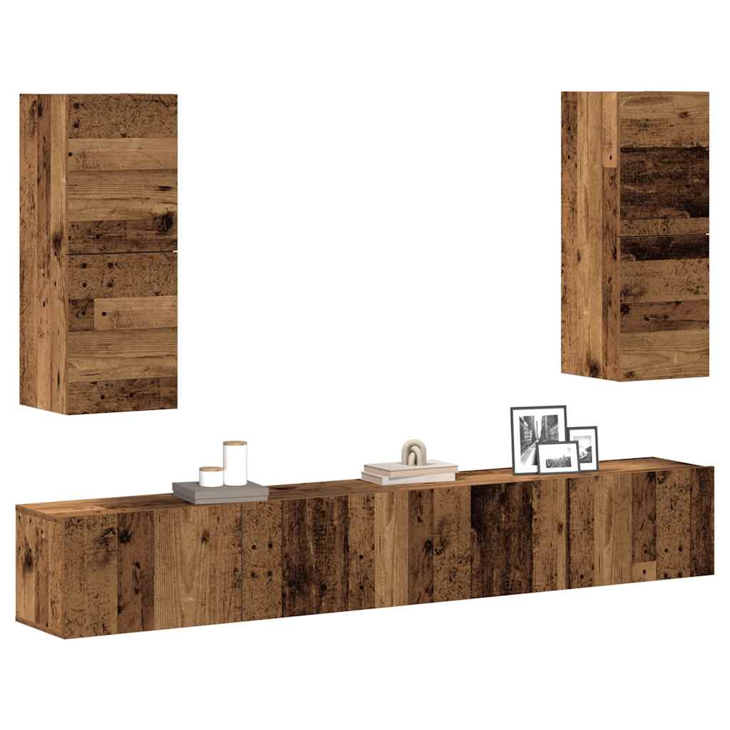 Ensemble de meubles TV 4 pièces, fixation murale, aspect bois récupéré, matériau à base de bois