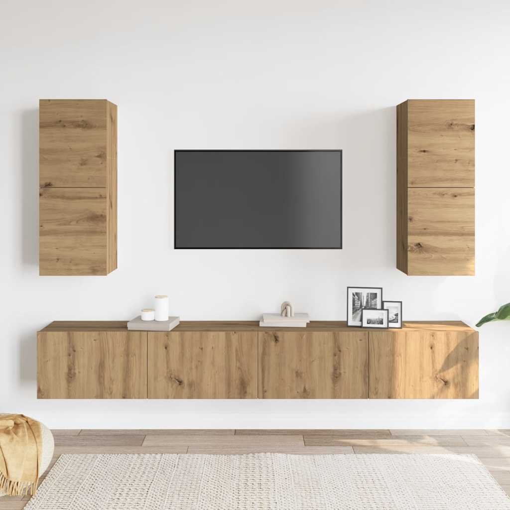 Ensemble de meubles TV 4 pièces, fixation murale, en bois de chêne artisanal