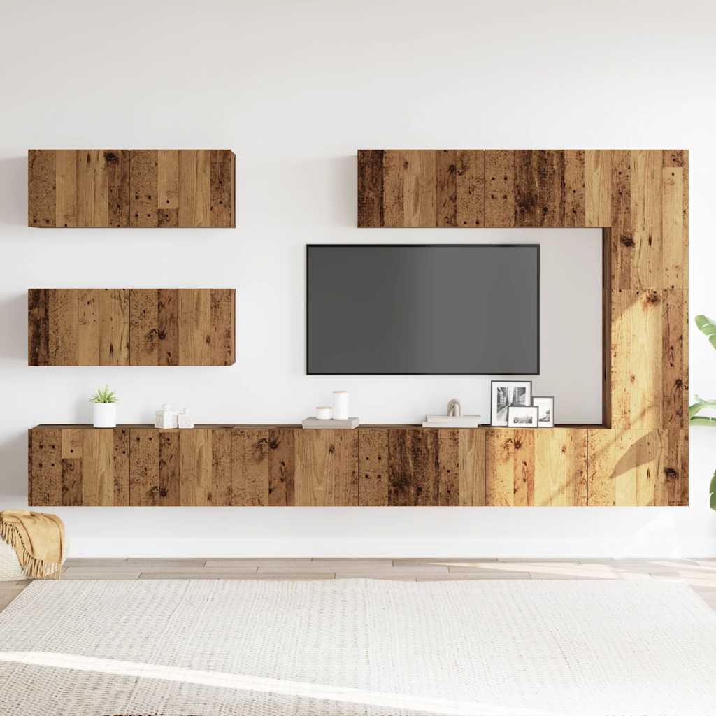 7-piece TV cabinet set, wall-mounted, reclaimed wood look, wood-based material