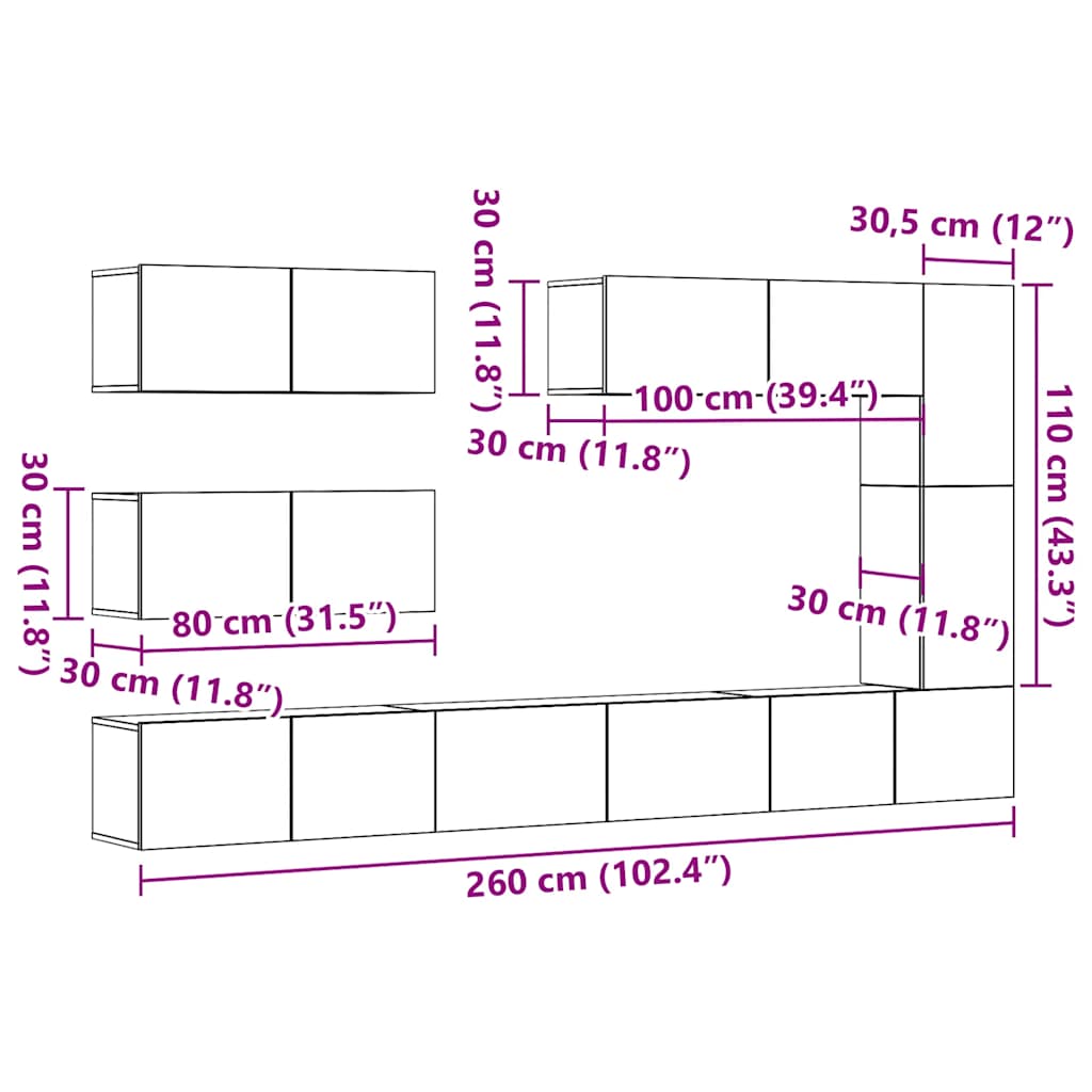 7-piece TV cabinet set, wall-mounted, reclaimed wood look, wood-based material