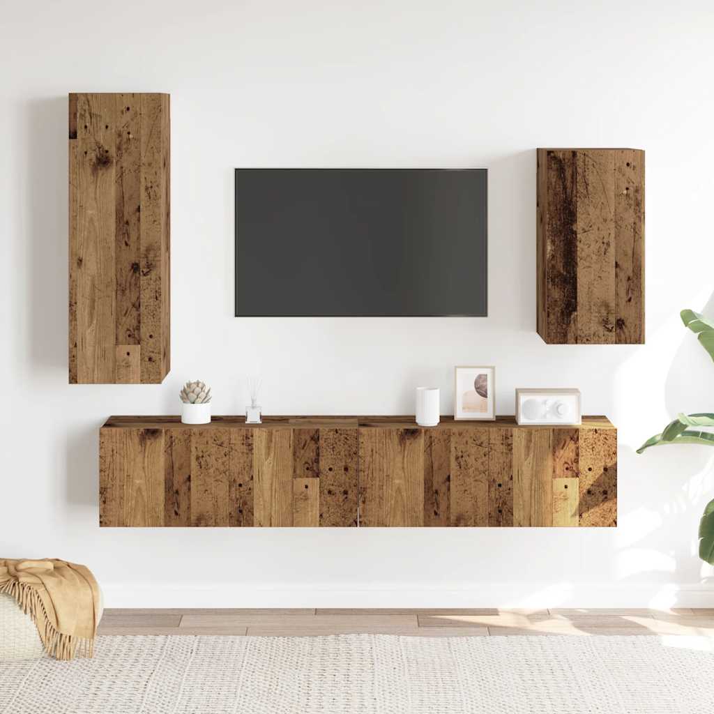 Ensemble de meubles TV 4 pièces, fixation murale, aspect bois récupéré, matériau à base de bois