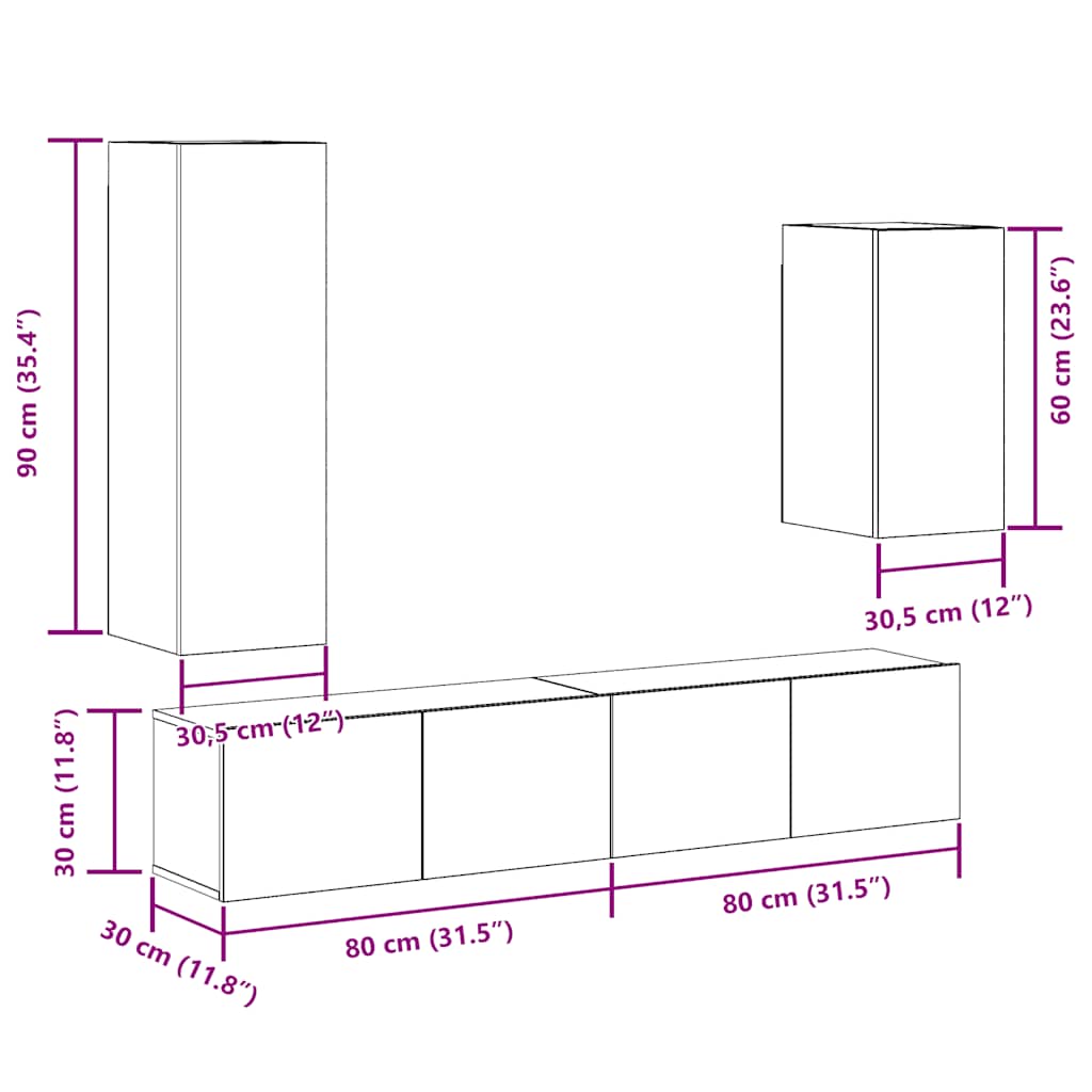 Ensemble de meubles TV 4 pièces, fixation murale, aspect bois récupéré, matériau à base de bois