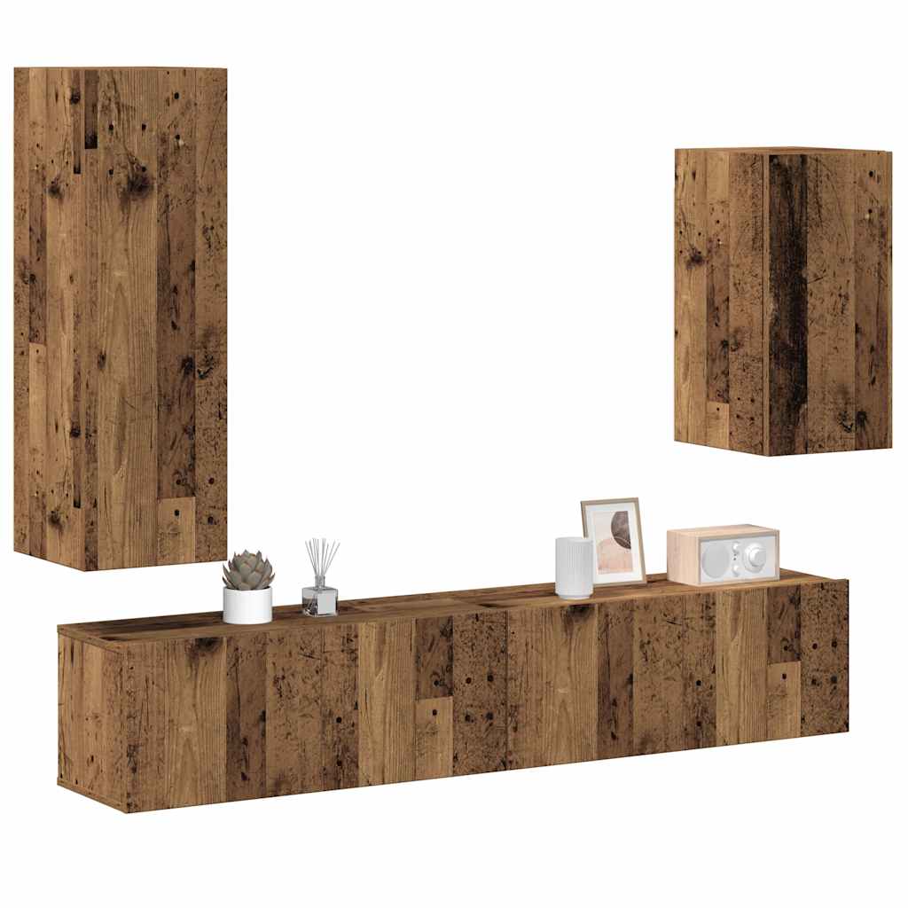 Ensemble de meubles TV 4 pièces, fixation murale, aspect bois récupéré, matériau à base de bois