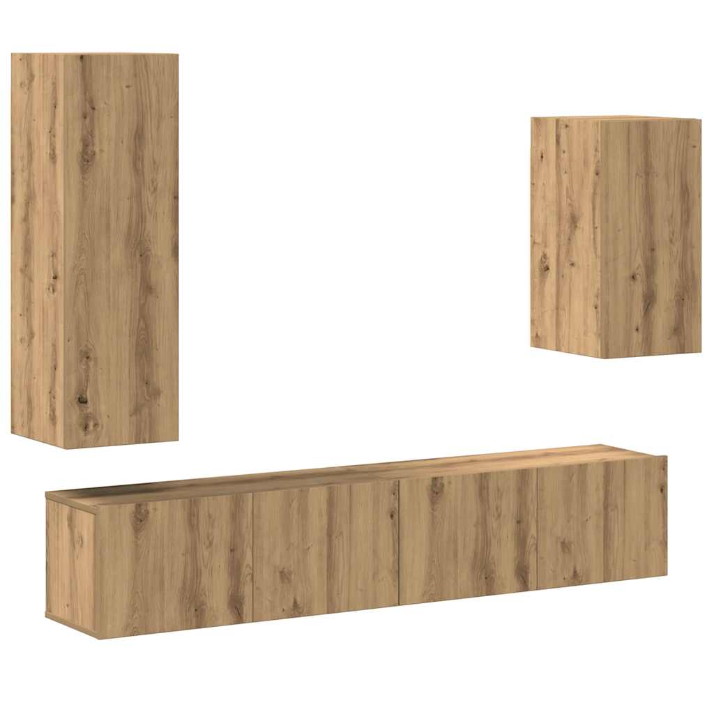 Ensemble de meubles TV 4 pièces, fixation murale, en bois de chêne artisanal