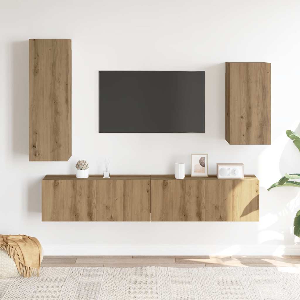Ensemble de meubles TV 4 pièces, fixation murale, en bois de chêne artisanal