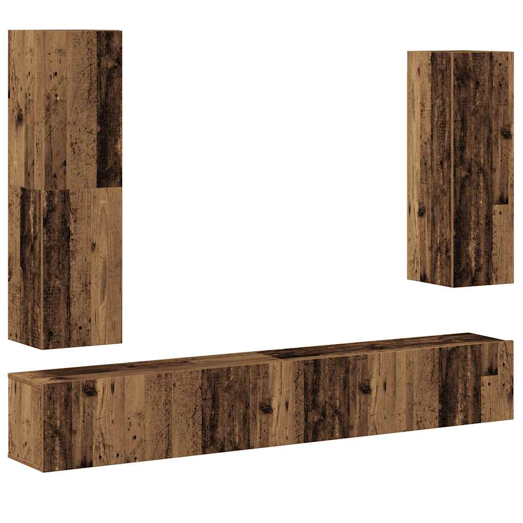 Ensemble de meubles TV 4 pièces, fixation murale, aspect bois récupéré, matériau à base de bois