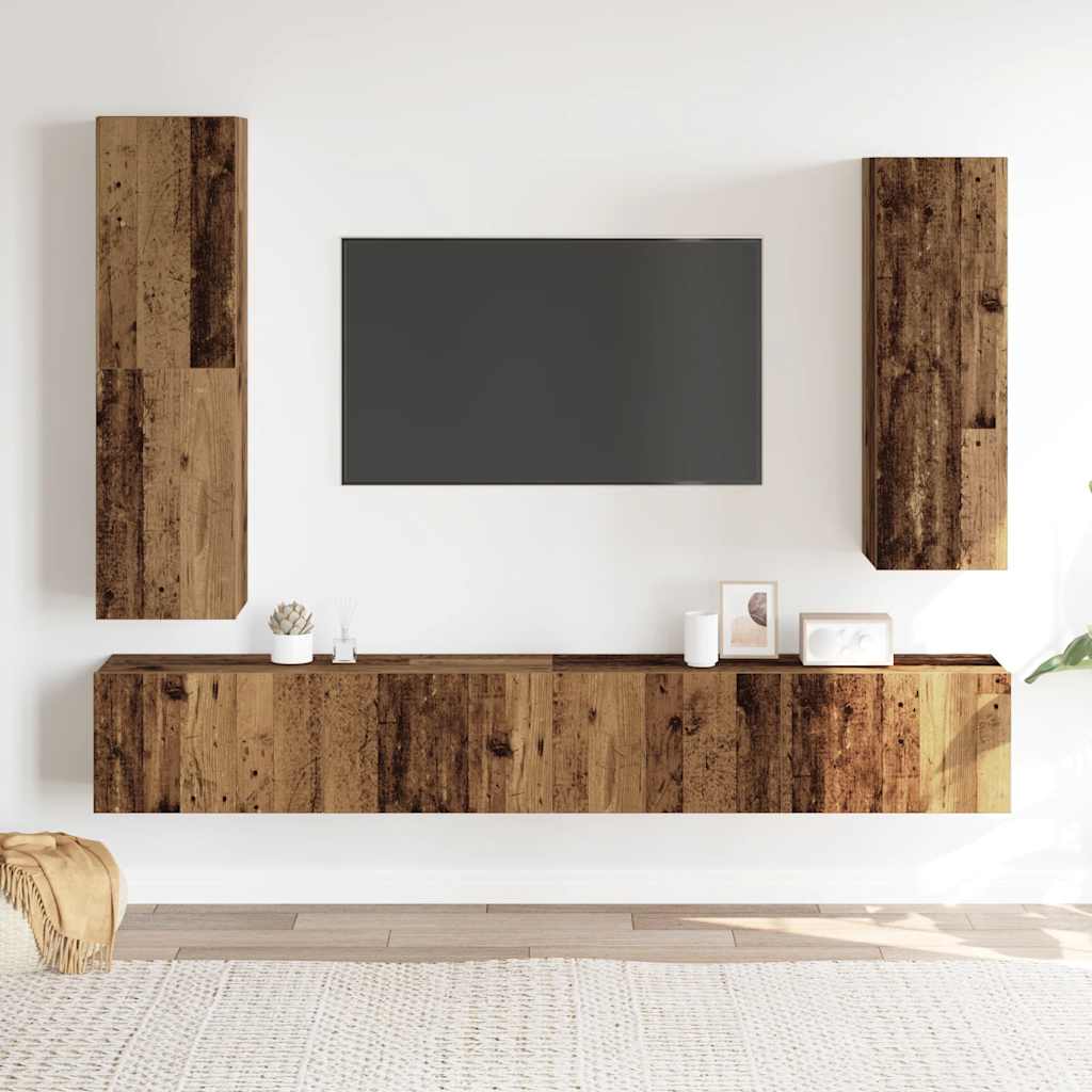Ensemble de meubles TV 4 pièces, fixation murale, aspect bois récupéré, matériau à base de bois