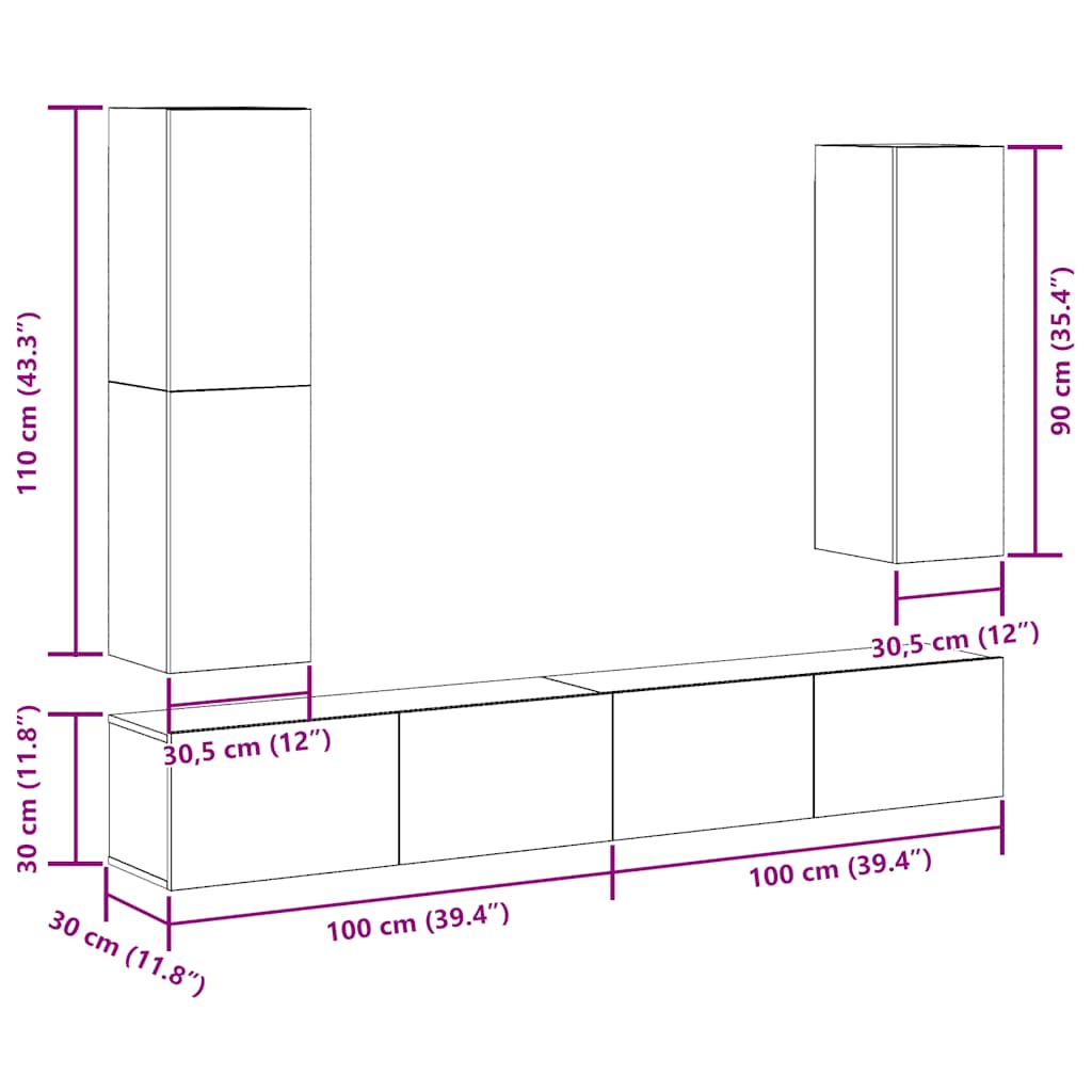 Ensemble de meubles TV 4 pièces, fixation murale, aspect bois récupéré, matériau à base de bois