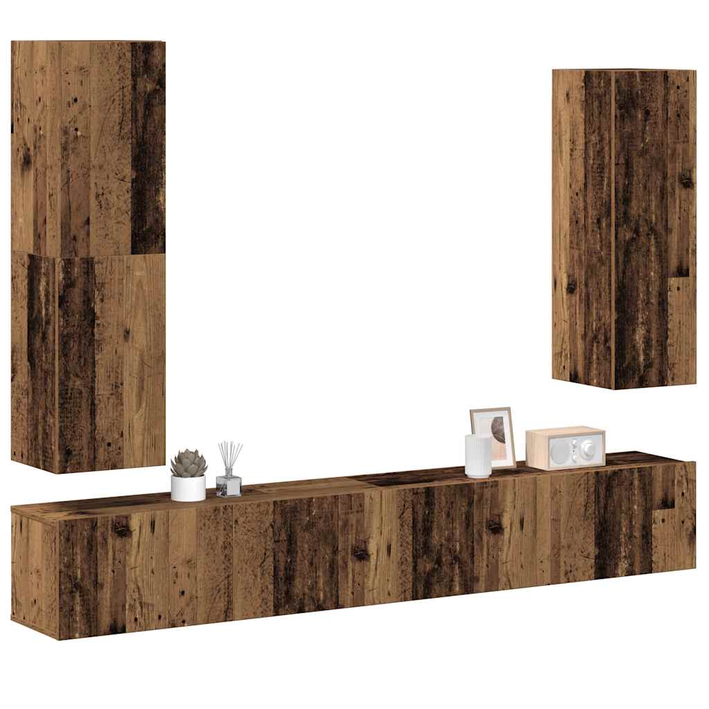Ensemble de meubles TV 4 pièces, fixation murale, aspect bois récupéré, matériau à base de bois