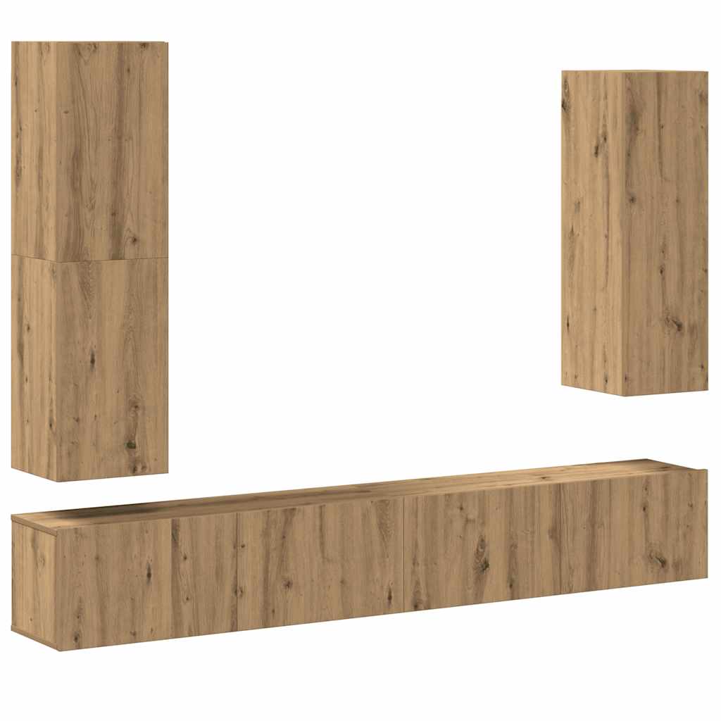 Ensemble de meubles TV 4 pièces, fixation murale, en bois de chêne artisanal