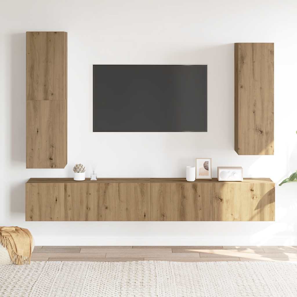 Ensemble de meubles TV 4 pièces, fixation murale, en bois de chêne artisanal