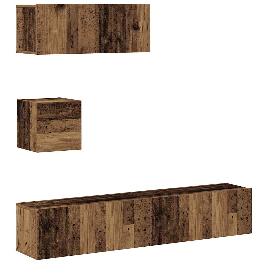 Ensemble de meubles TV 4 pièces, fixation murale, aspect bois récupéré, matériau à base de bois
