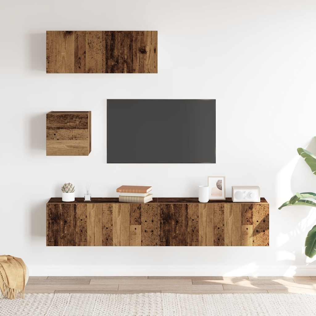 Ensemble de meubles TV 4 pièces, fixation murale, aspect bois récupéré, matériau à base de bois