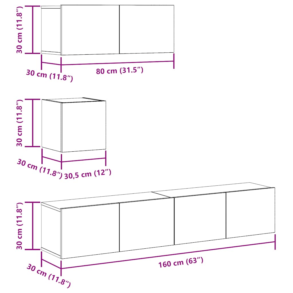 Ensemble de meubles TV 4 pièces, fixation murale, aspect bois récupéré, matériau à base de bois