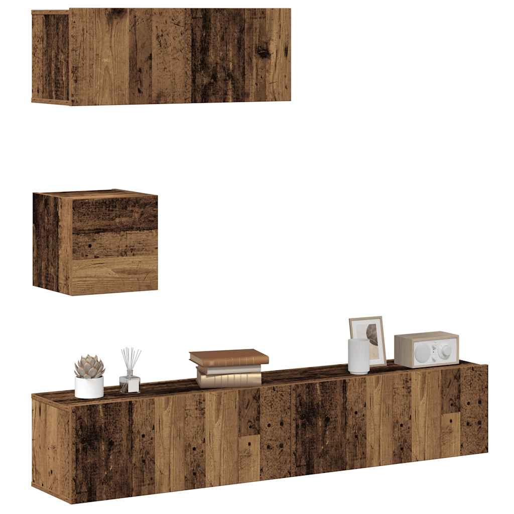 Ensemble de meubles TV 4 pièces, fixation murale, aspect bois récupéré, matériau à base de bois