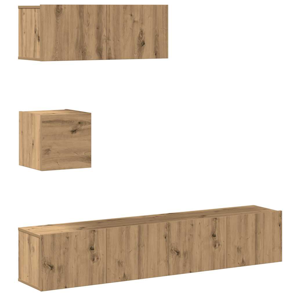 Ensemble de meubles TV 4 pièces, fixation murale, en bois de chêne artisanal
