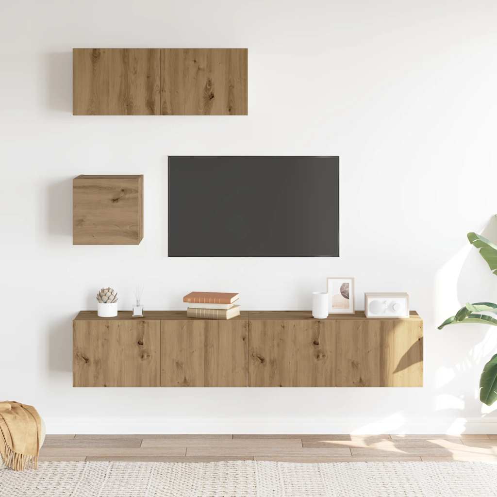 Ensemble de meubles TV 4 pièces, fixation murale, en bois de chêne artisanal