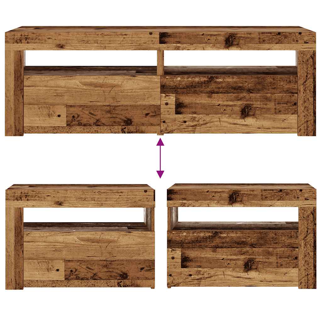 Tables de chevet 2 pièces avec LED aspect bois de récupération 60x35x40 cm