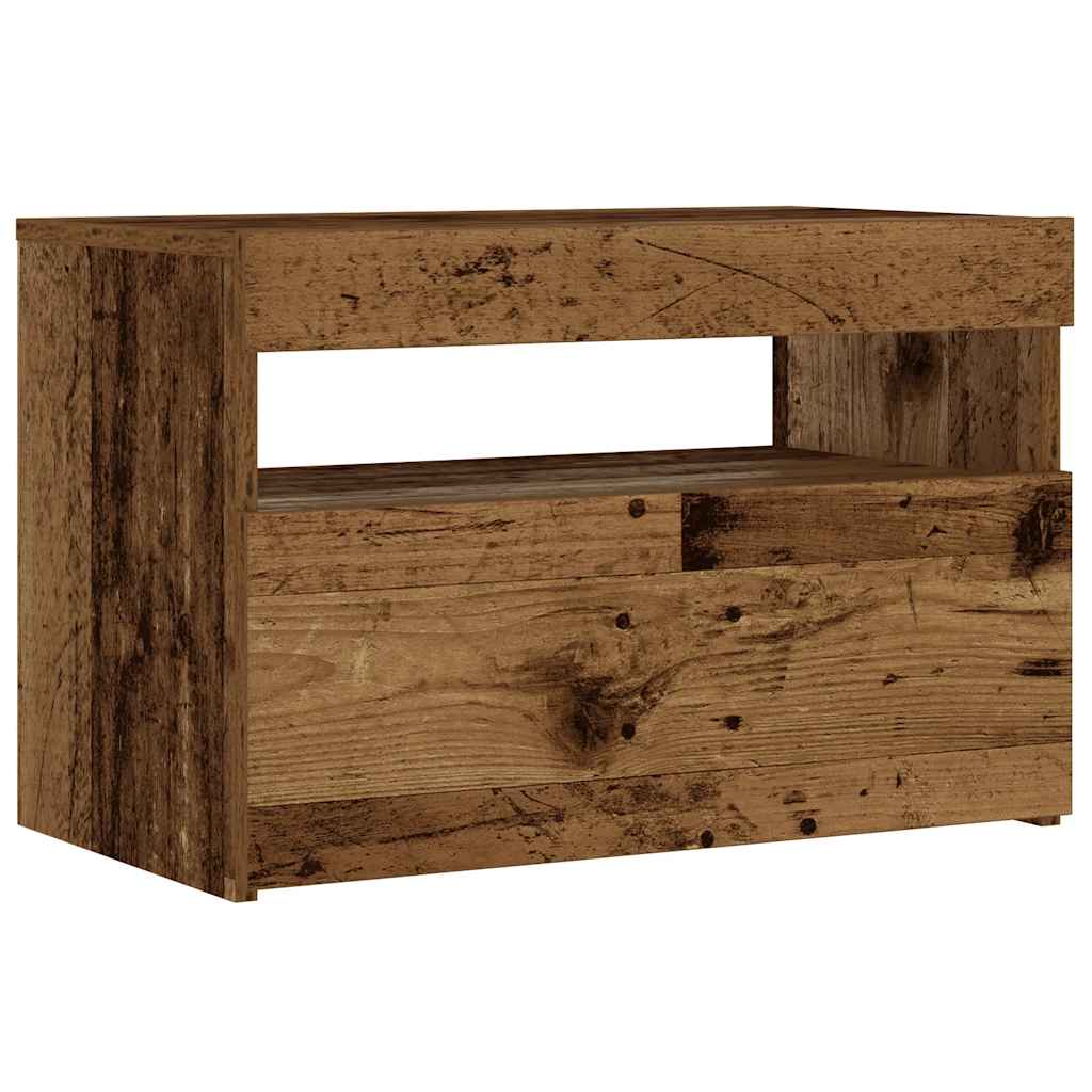 Bedside table with LED lights, reclaimed wood look, 60x35x40 cm